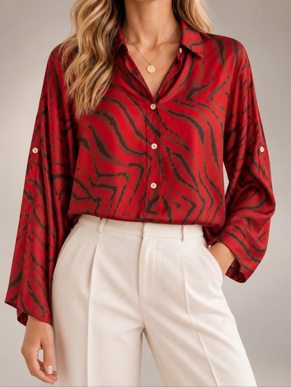 Meo Meli Italy Red Abstract Zebra Print Viscose Button Down Blouse Lagenlook